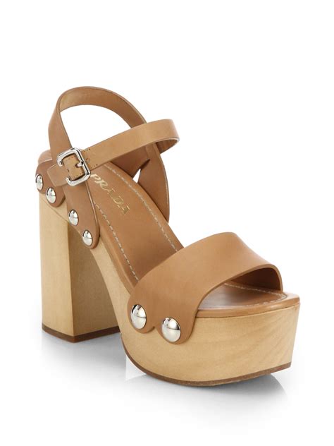 prada wooden-heel leather sandals|Prada women's high heeled sandals.